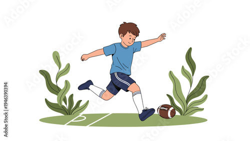 Energetic young boy enjoys playing American football by kicking the ball across a green field with decorative plants in a fun cartoon illustration.