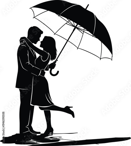 Flat vector silhouette of a romantic couple embracing under an umbrella for wedding invitations cards and architectural entourage