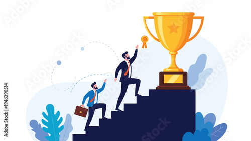 Ambitious businessmen climb up a giant set of stairs to reach a large golden trophy cup, symbolizing the journey toward corporate career success.
