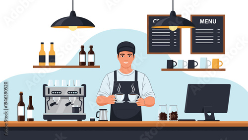 Friendly male barista wearing an apron stands behind a coffee shop counter holding two cups of fresh latte in a modern cafe environment.