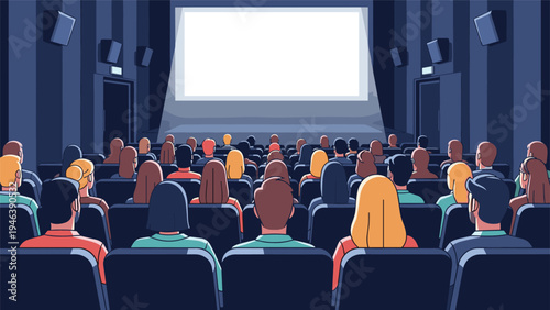 Large audience sits in a dark cinema theater and watches a movie on a big white screen, creating a shared entertainment experience at the movies.