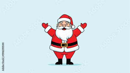 Cheerful cartoon Santa Claus with a big white beard and a red suit stands with his arms open wide in a friendly and welcoming holiday greeting.