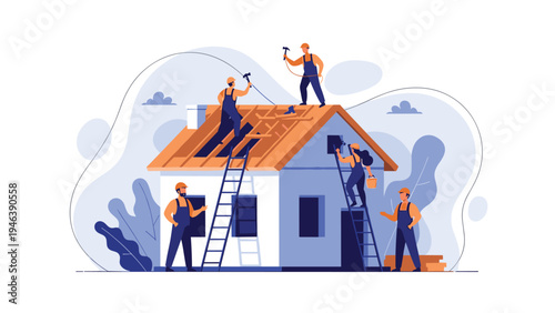 Team of professional construction workers repairs a house roof using ladders and tools, showing teamwork and home improvement project progress.