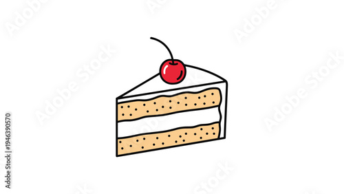 Delicious slice of vanilla sponge cake with white cream layers and a bright red cherry on top isolated on white.