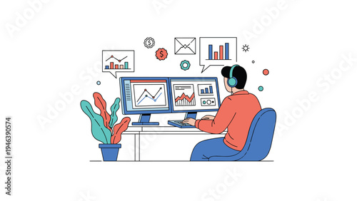 Professional data analyst monitors financial statistics and business growth metrics on multiple computer screens in office.