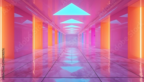Vibrant futuristic hallway with colorful neon lights and reflective floor