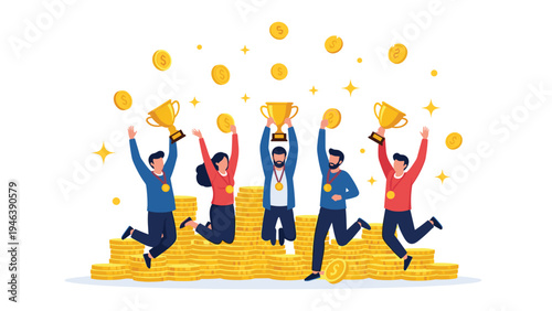 Successful team of young business professionals jumping with gold trophies and medals on a large stack of money coins.