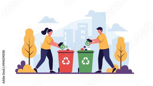 Responsible young couple sorting household waste and plastic into dedicated recycling bins in front of a modern city skyline.