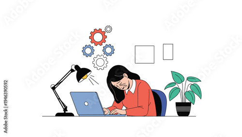 Tired businesswoman feels stressed and exhausted while working late at night with a laptop and mental pressure symbols.