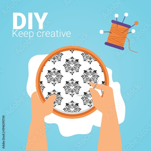 Vector DIY embroidery hoop with floral pattern and hands