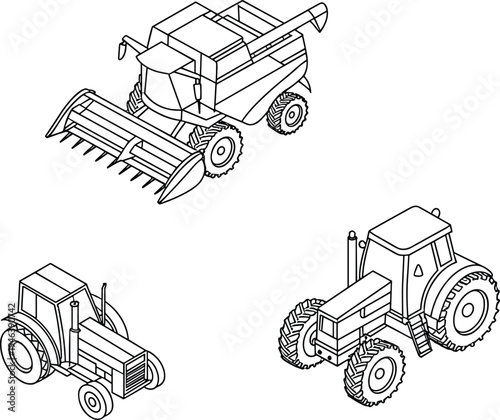 Agricultural tractor and combine harvester vector set, detailed farm machinery vehicles isometric illustration isolated farming equipment design