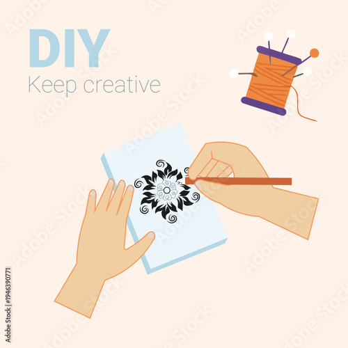 Vector illustration of hands creating DIY art with paintbrush