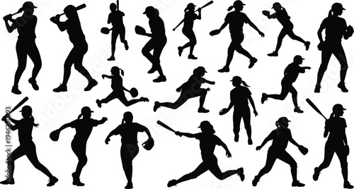 Dynamic Silhouettes of Women Playing Softball in Various Action Poses players baseball
