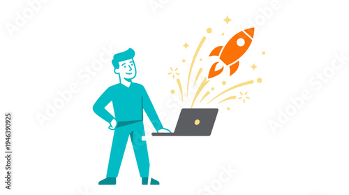 Remote entrepreneur visualizing startup vision, a rocket ascending from a laptop.