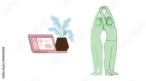 Remote worker embracing work-life balance, stretching near a laptop with a plant.