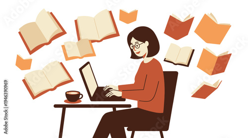 Remote writer diligently typing a blog post, depicted with four clean, solid colors.