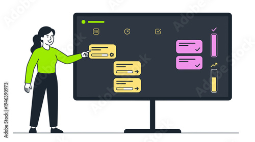 Efficient remote project manager organizing tasks on a digital board, four solid colors.