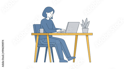 Focused remote worker at a desk, productive with laptop, using only four solid colors.