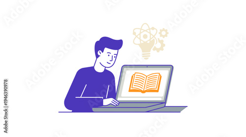 Remote worker learning online, focused on a laptop with book and knowledge symbols.