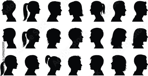 Diverse collection of male and female head profile silhouettes, side view portraits of men and women, human face contour set, isolated black vector illustration