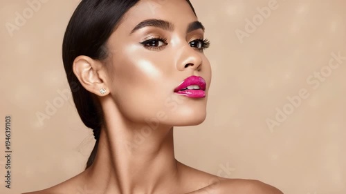 Glamorous Model with Pink Lips and Professional Shimmer Makeup, 4K video