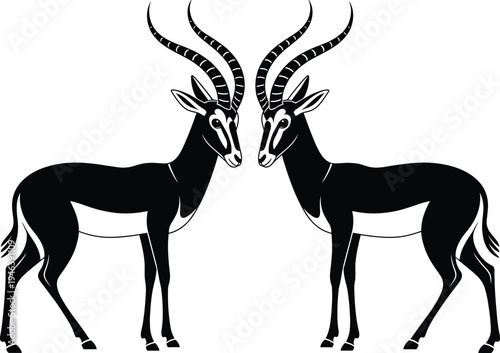Two gazelle silhouettes facing each other in flat vector style, African wildlife antelope illustration for safari theme design and nature conservation concepts