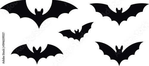 Bat silhouettes set, flying bat icons collection, spooky Halloween animal shapes, nocturnal wildlife illustration design