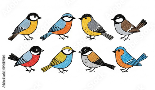 Hand drawn crayon spring birds vector bundle with colorful bird characters