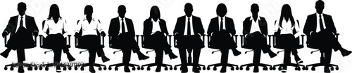 Professional business team sitting in office chairs row, diverse corporate group of executives in suits, board meeting concept, isolated black vector illustration silhouette