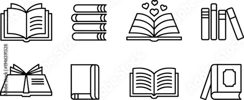 Book icons collection, open and closed book illustrations set, reading education library symbols, literature study outline vector