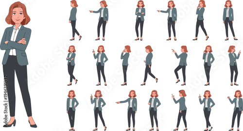 Elegant beautiful mature full figured business woman in suit set with different poses isolated flat vector illustration