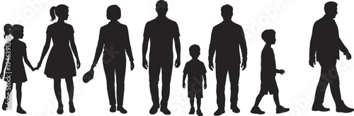 Family group in silhouette walking together against white background people