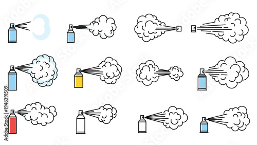 Collection of colorful spray can icons with various mist and cloud patterns for painting, cleaning, or cosmetic use.