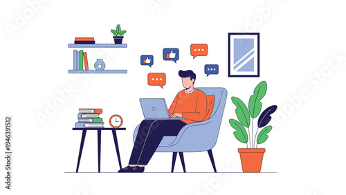 Young man relaxes in a blue armchair while working on a laptop and receiving many positive social media likes and comments.