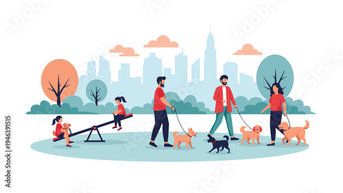 Busy city park scene with people walking their dogs, children playing on a seesaw, and modern skyscrapers in the background.