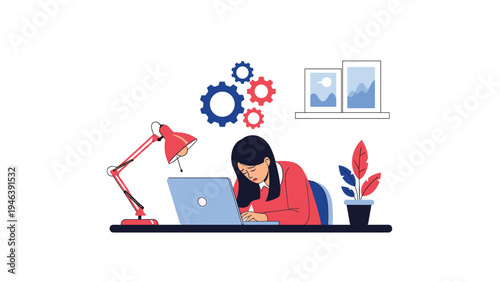 Stressed businesswoman working at a laptop with a red desk lamp and gears showing heavy workload and mental pressure.
