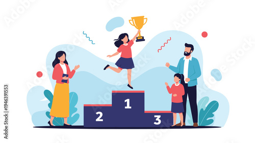 Proud young girl holding a gold trophy on the first place winner podium while her family celebrates and cheers for her success.