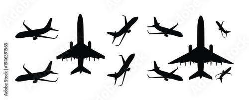 Airplane Silhouette Set – Commercial Passenger Aircraft Vector Icons in Different Angles