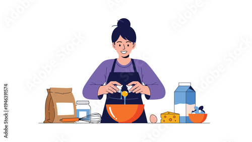 Smiling woman in an apron cracking a fresh egg into an orange bowl while preparing ingredients for baking in her kitchen.
