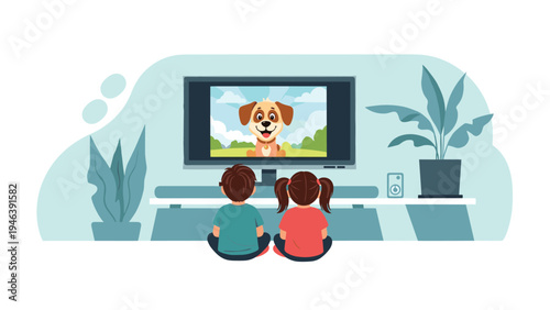 Two young children sitting on the floor and watching a colorful animated show with a puppy on a wide television screen.