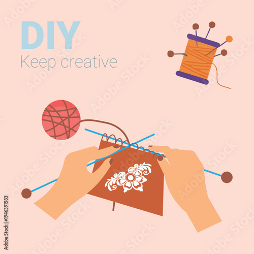 DIY knitting, creative hands, crafting illustration, knitting tools