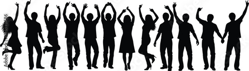 Cheering dancing people silhouettes with raised hands isolated on white background celebration party crowd energy concept illustration