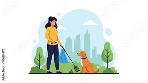 Responsible woman using a scooper to clean up after her dog in a green city park with skyscrapers in the distance.