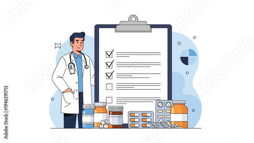 Professional male doctor in a white lab coat standing next to a giant medical checklist clipboard surrounded by various bottles and pills.