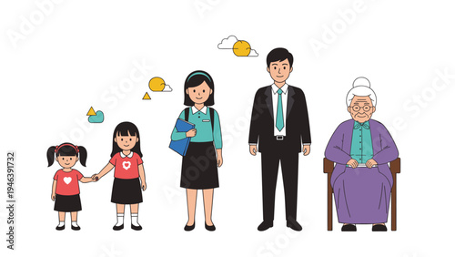 Illustration showing the different stages of a woman's life from a small toddler to a student, a professional, and finally an elderly lady.