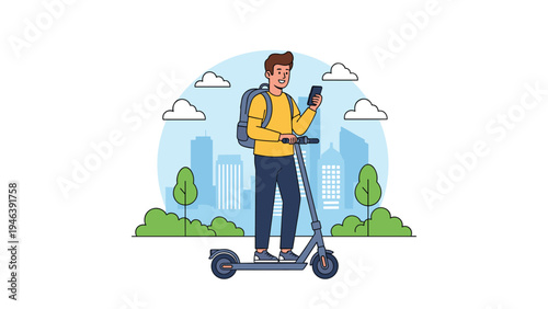 Smiling young man with a backpack riding an electric kick scooter through a city park with buildings and trees in the background.