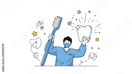 Happy male dentist wearing a mask and scrubs holding a giant toothbrush and a large clean white tooth surrounded by stars.