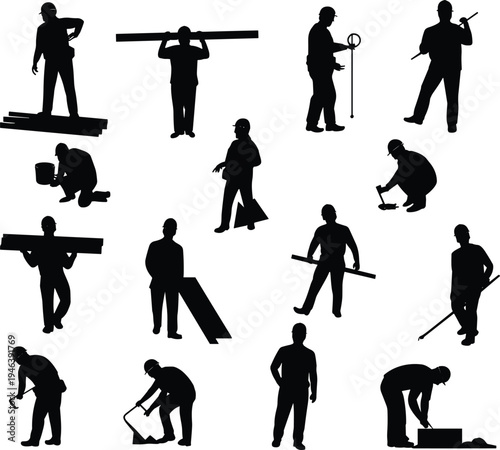 Construction worker silhouettes set, builders and laborers collection, industrial work activity icons, construction industry vector illustration