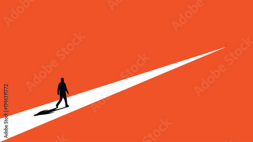 Minimalist Concept of Person Walking Towards Goal on Orange Background