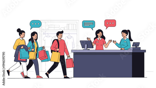 Group of happy friends holding shopping bags and walking towards the checkout counter where two female cashiers are waiting.